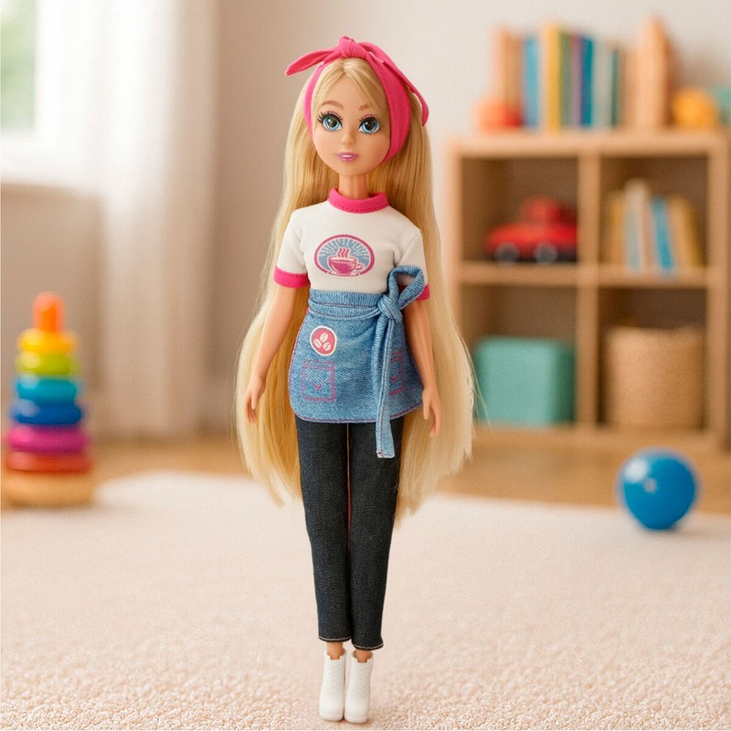 Vista de la muñeca Dreameez con uniforme de barista y tazas de café