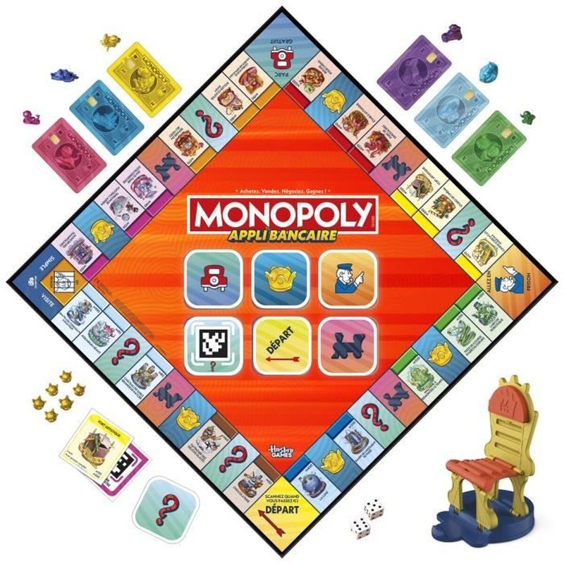 Familia jugando al Monopoly Appli Bancaire en el salón.