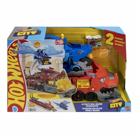 Juguetes construcción niños: Transportador Dragón Hot Wheels con coches incluidos.