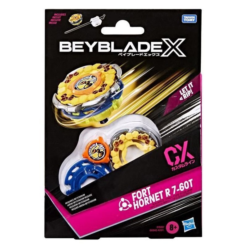 Primer plano de la peonza de batalla BeybladeX mostrando su diseño.