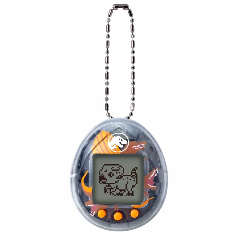 Detalle del diseño del Tamagotchi con motivos de dinosaurios de Jurassic World