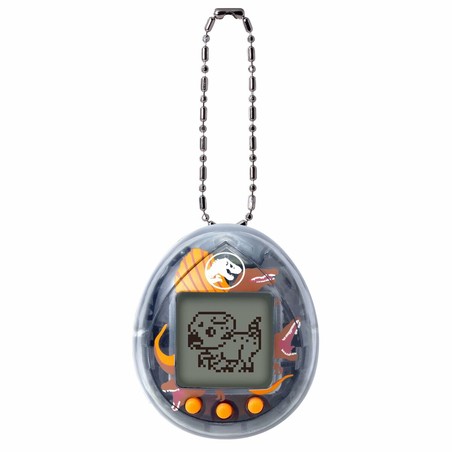 Detalle del diseño del Tamagotchi con motivos de dinosaurios de Jurassic World