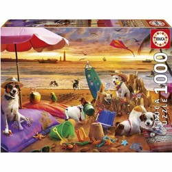 Puzzle 1000 piezas Educa con perros jugando en la playa, escena vibrante.