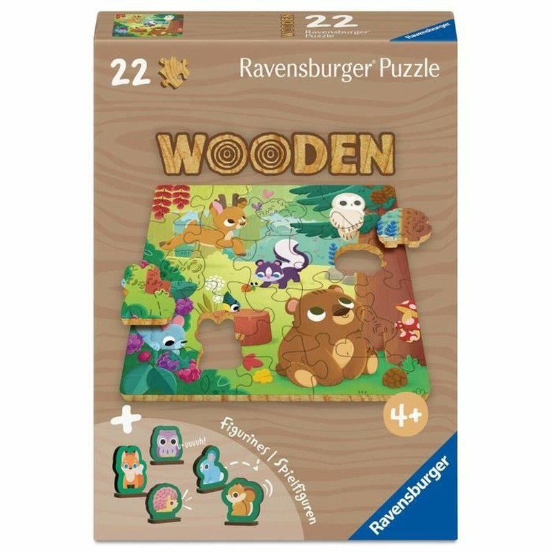 Juguetes construcción niños Ravensburger de madera, vista frontal del set de 22 piezas.