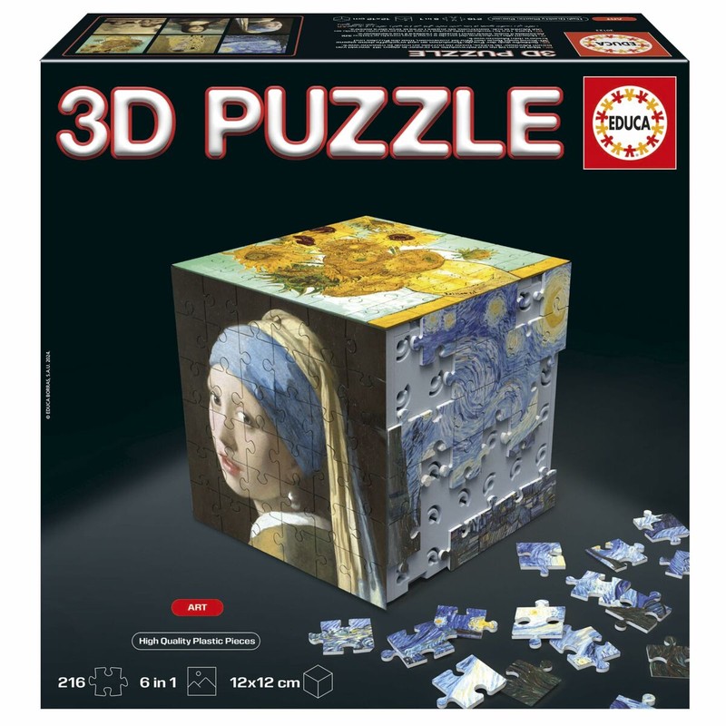 Vista lateral del Puzzle Educa Arte en Cubo montado, una obra de arte tridimensional.