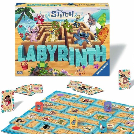 Tablero dinámico del juego de mesa familiar Laberinto Stitch en acción.