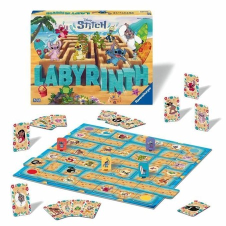 Familia disfrutando de una partida de juego de mesa cooperativo Laberinto Stitch.
