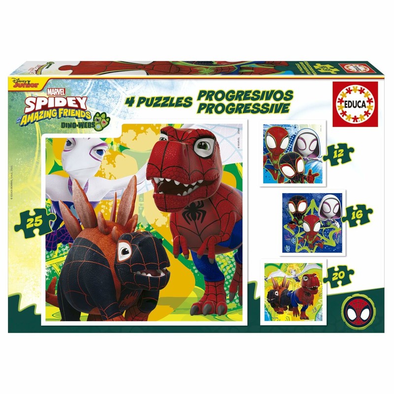 Vista de los 4 puzzles Educa Dino Spidey: 12, 16, 20, 25 piezas
