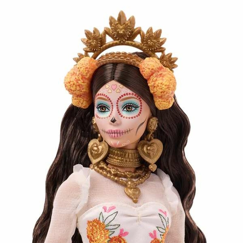 Barbie conmemorativa tradición mexicana, mostrando accesorios y peinado