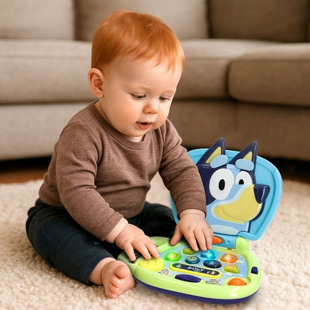 Juguete Bluey para bebés de 6 meses con diseño portátil y asa.