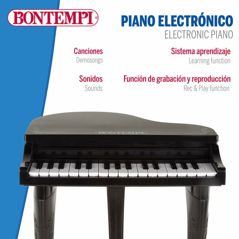 Bontempi piano infantil, vista lateral con taburete