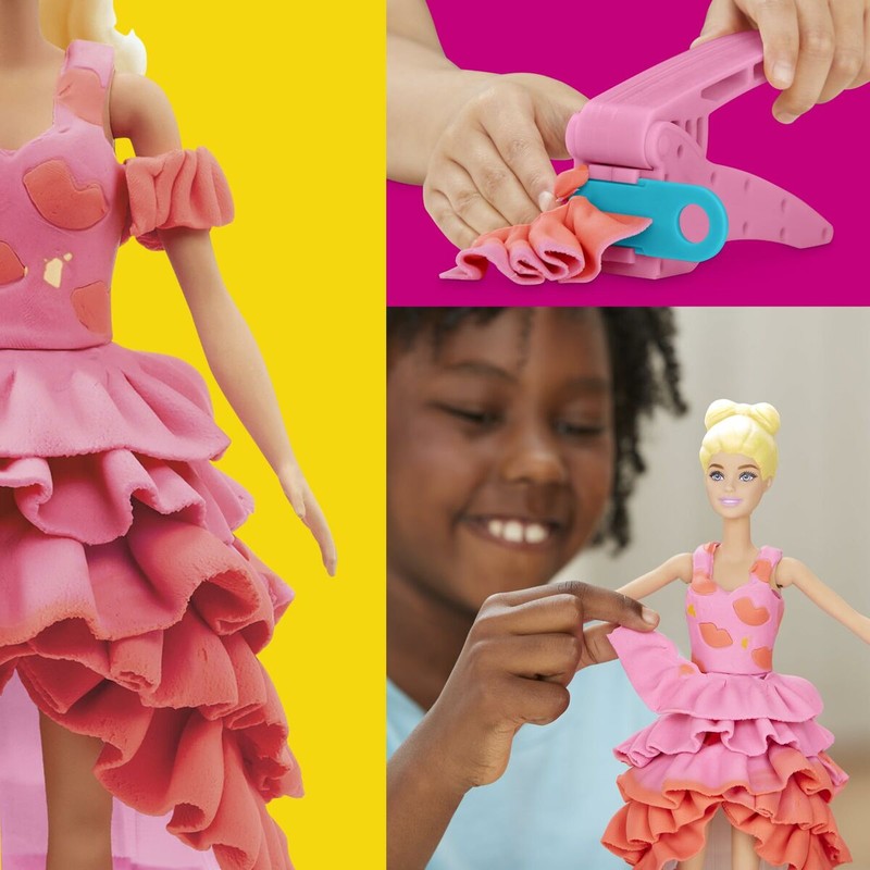 Barbie con vestido de plastilina Play-Doh diseñado por niños