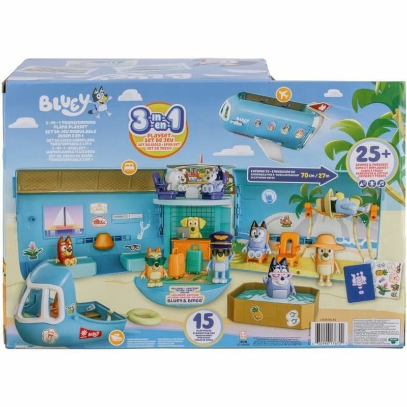 Embalaje del regalo Bluey infantil con el avión transformable en acción