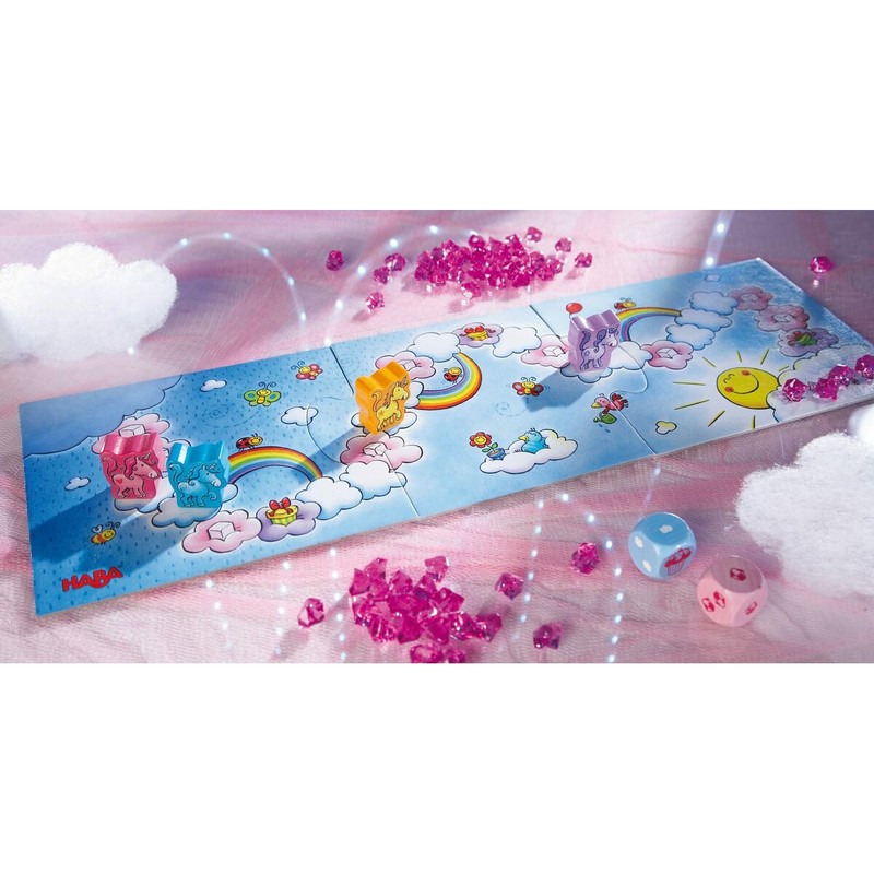 Componentes del juego HABA Unicorns: unicornios y cristales de nubes