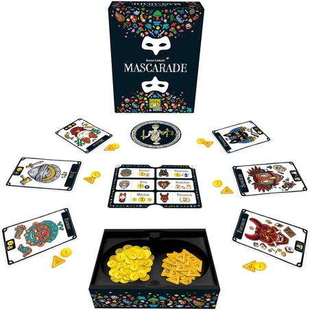 Vista de cerca de las monedas y el tablero del juego Mascarade Asmodee