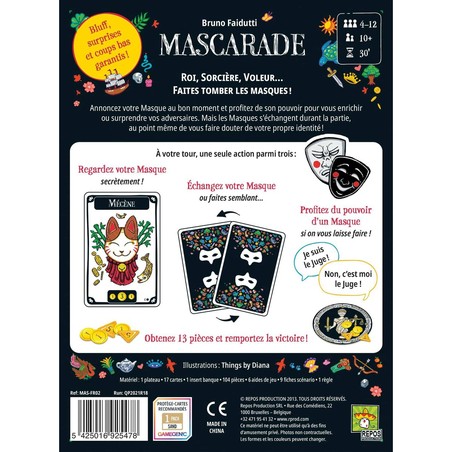 Ilustración de la caja del juego de mesa Mascarade con fondo negro