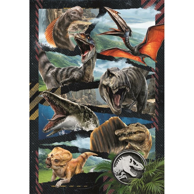 Detalle de piezas de rompecabezas Jurassic World de cartón resistente