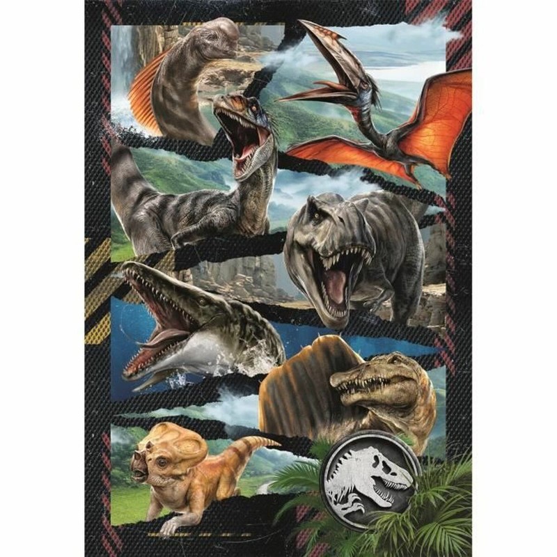 Ilustración de dinosaurios en puzzle actividad familiar niños