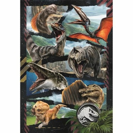 Ilustración de dinosaurios en puzzle actividad familiar niños