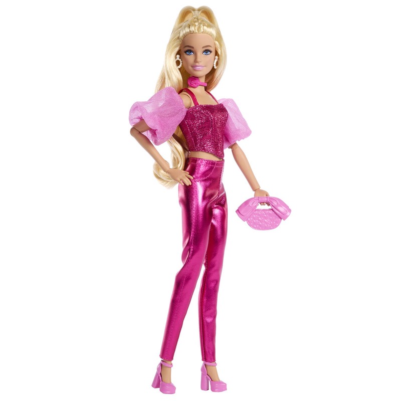 Barbie con vestido rosa metalizado y pelo rubio