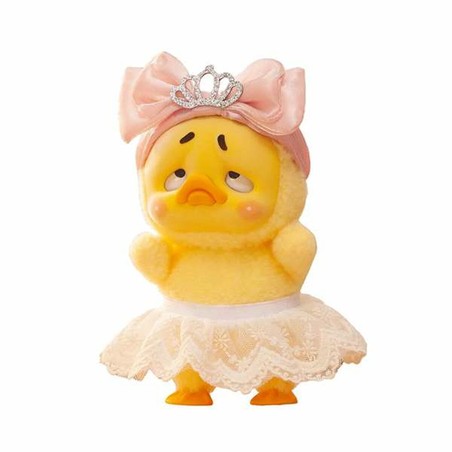 Primer plano del peluche suave infantil Upsetduck, textura agradable.