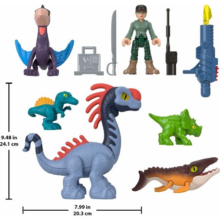 Detalle de figuras Playset Imaginext Jurassic World, fomenta juguete construcción motricidad fina.