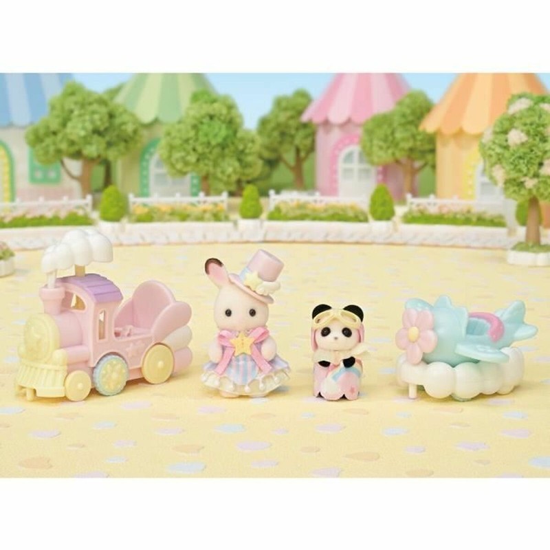 Vista detallada del playset Sylvanian Families con avión y tren