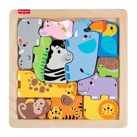 Detalle de piezas de puzzle Fisher-Price: Madera y plástico resistente.