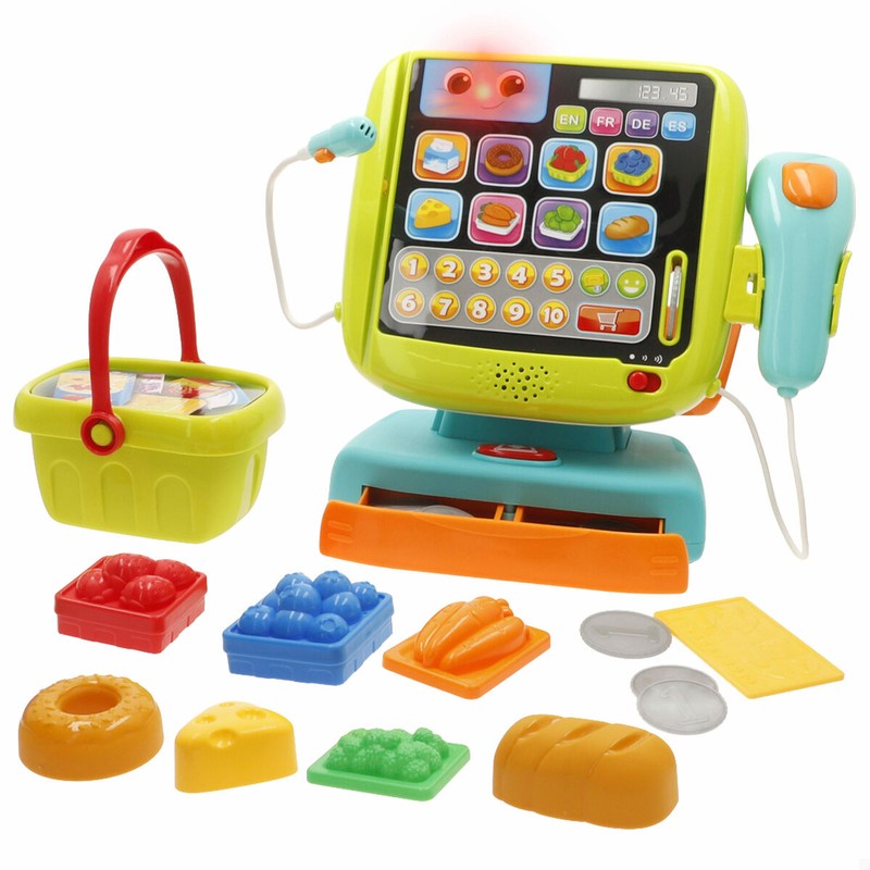 Vista frontal de la caja registradora infantil con pantalla y botones