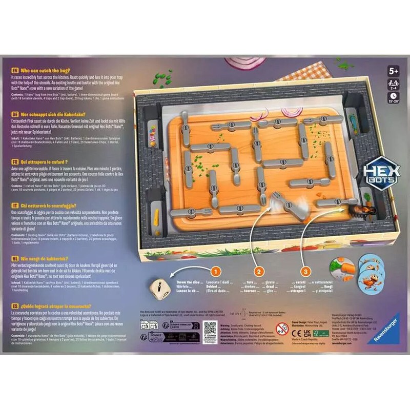 Componentes detallados del juego de mesa Ravensburger La Cucaracha: tablero, cucaracha HEXBUG y fichas.