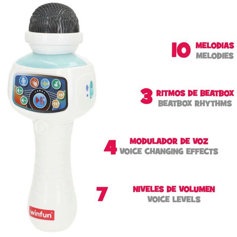 Detalle de micrófono infantil con luces de colores y efectos de voz