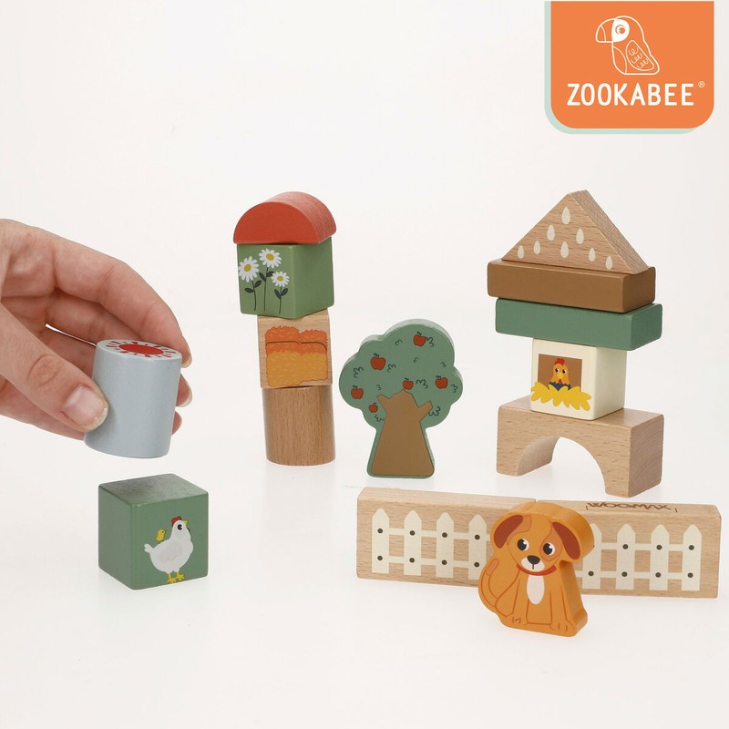 Juguete construcción motricidad fina, bloques de granja con cubo